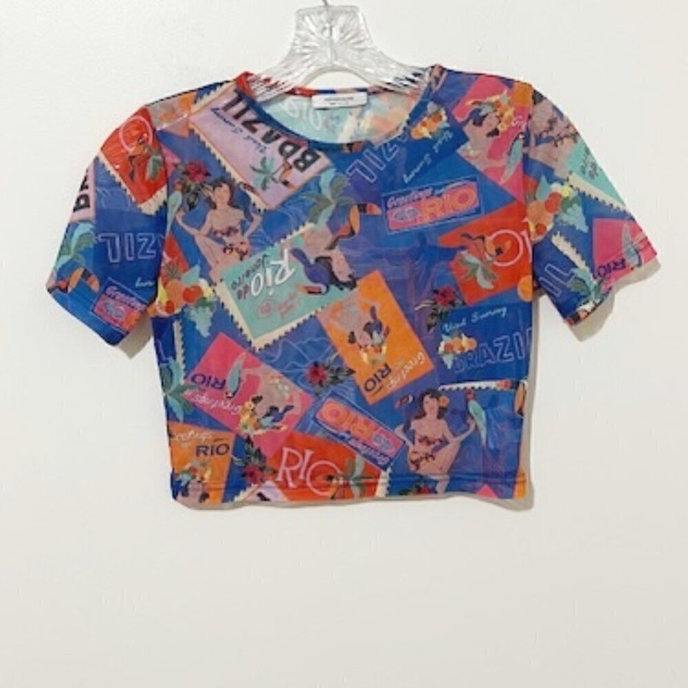 Peppermayo Exclusive Locals Only Mesh Cropped Tee - Postcard Travels Size 4